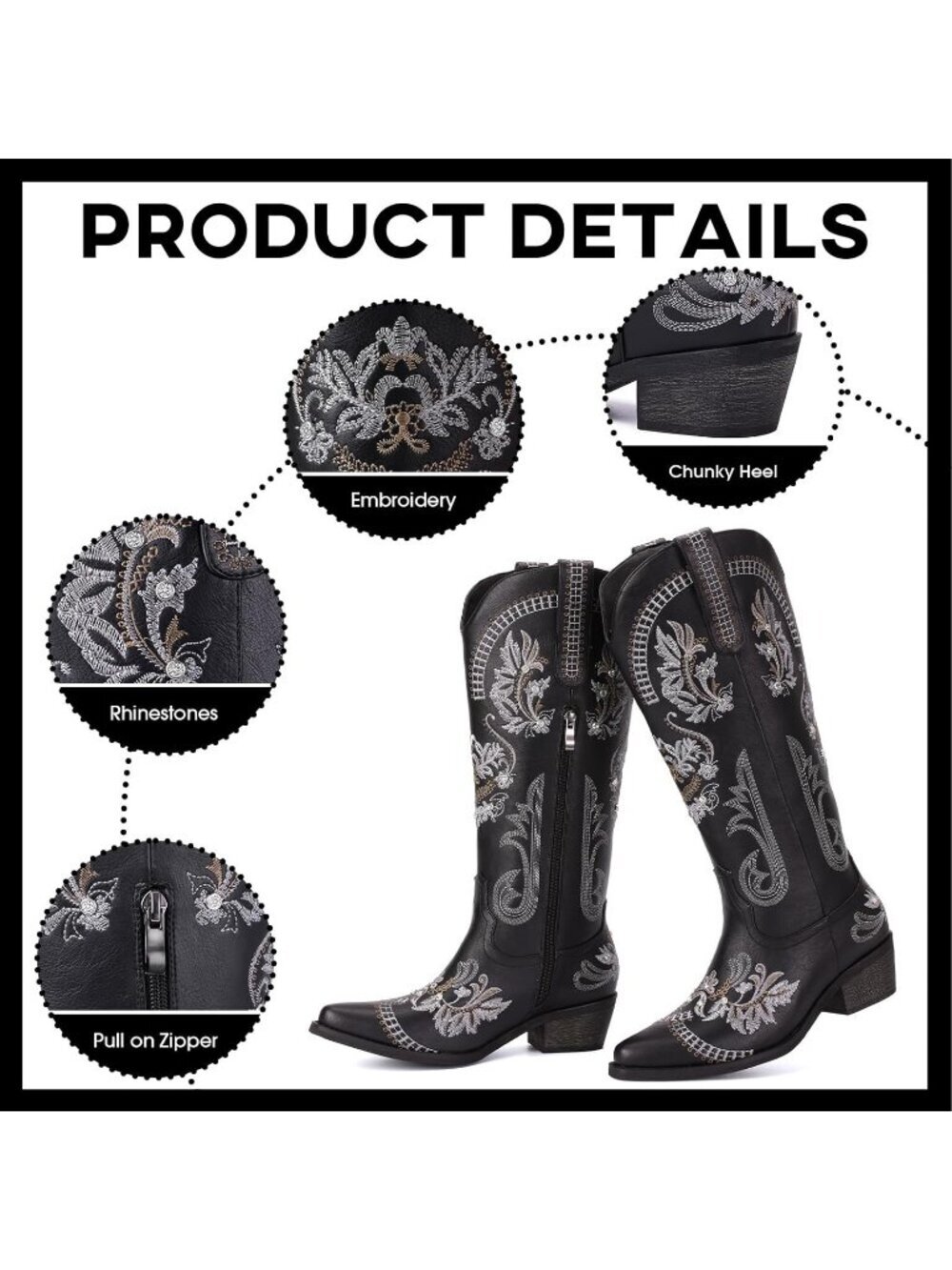 Women's Wide Calf Knee High Sparkly Rhinestone Black Western Boots Pull On Boots - Picture 5 of 6